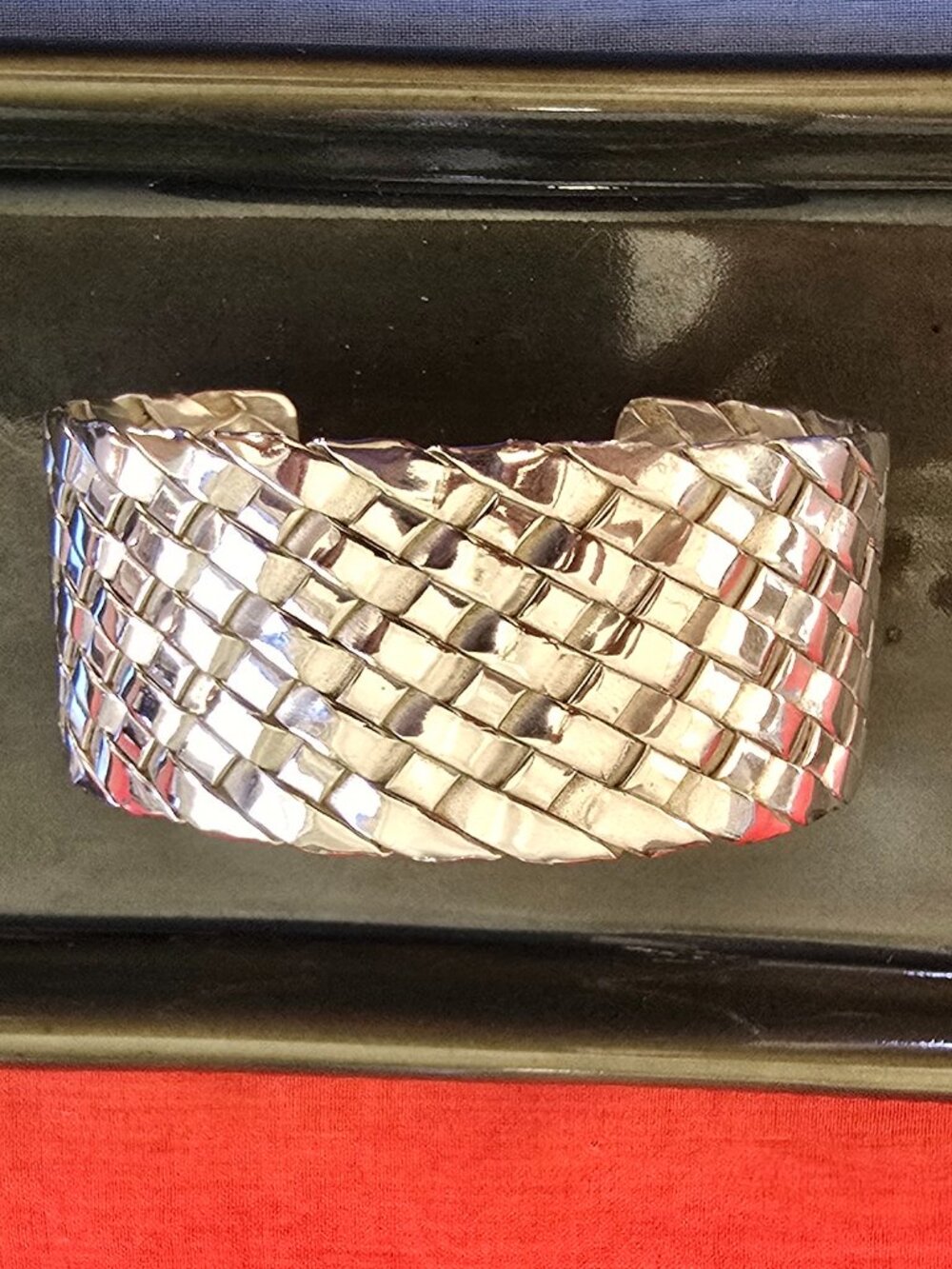Mexican 925 Sterling Silver Basket Weave Statement Cuff Bracelet